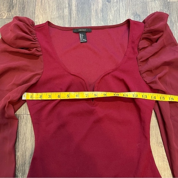 Forever 21 Sweetheart Neck Puffer Sheer Long Sleeve Red Bodysuit Valentine’s D S - Picture 9 of 9